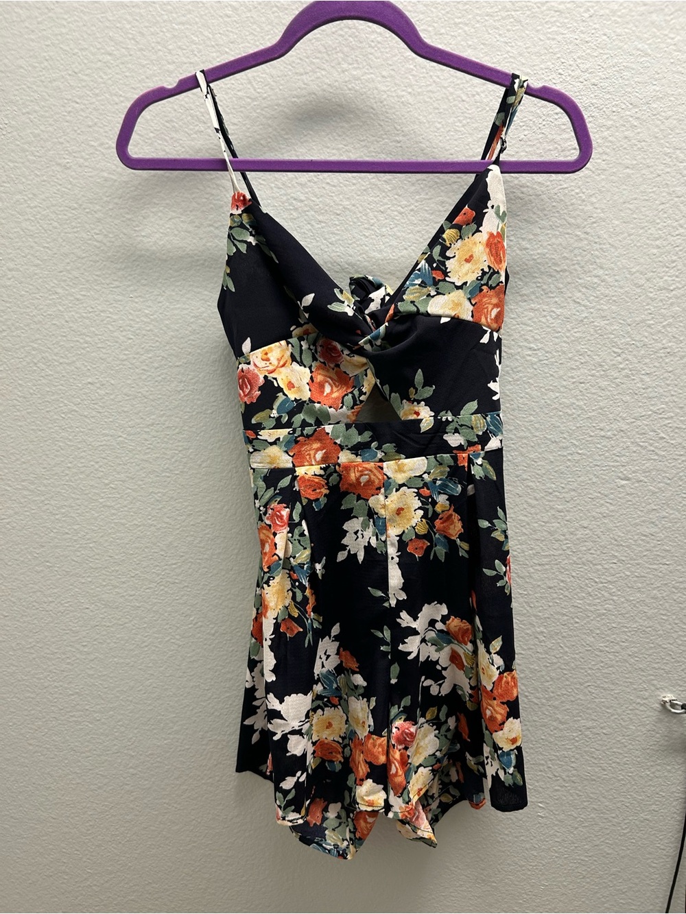 SHEIN Black Floral Spaghetti Strap Romper with Orange, Cream & Green Print